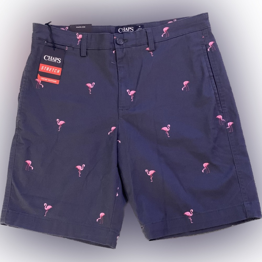 NWT Chaps Flat Front Stretch Flamingo Shorts in Navy Blue